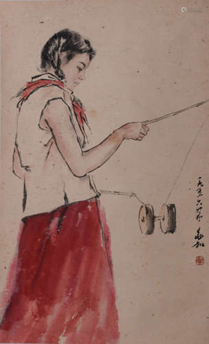 CHINESE GIRL IN RED SKIRT PAINTING JIANG ZHAO HE MARK