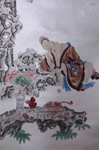 CHINESE SCHOLAR LYING AT PINE TREE PAINTING REN ZHONG MARK