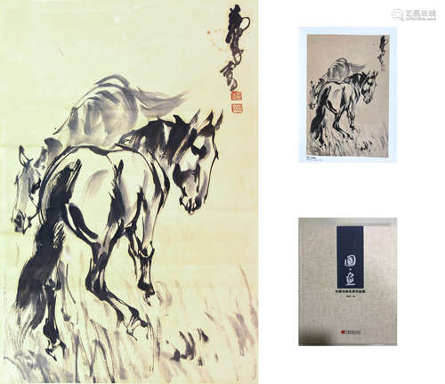 TWO HORSE PAINTING PAPER SCROLL HUANG ZHOU MARK