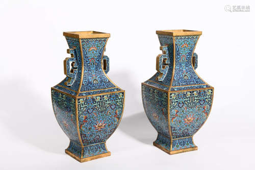 PAIR OF SQUARED BRONZE CLOISONNE ENAMEL INTERLOCKING DOUBLE-...