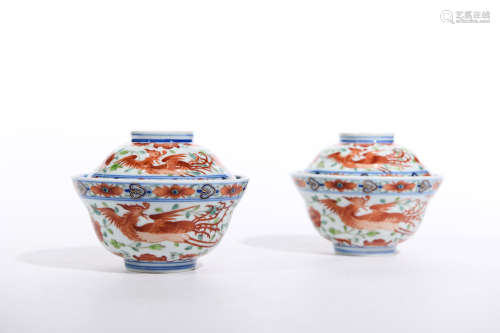 PAIR OF BLUE AND WHITE WUCAI PHOENIX PATTERN BOWL WITH LID