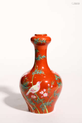 CORAL-RED GLAZED FAMILLE ROSE FLOWER&BIRD GARLIC HEAD VASE