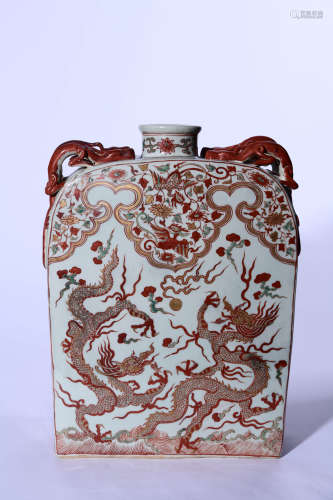 RED AND GREEN COLORED DRAGON PATTERN DOUBLE-EARED FLASK