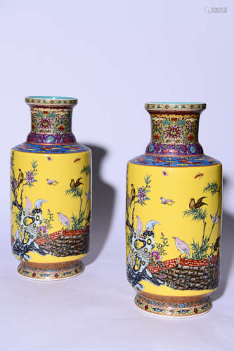 PAIR OF YELLOW GLAZED YANGCAI FLOWER&BIRD PATTERN ROULEAU VA...