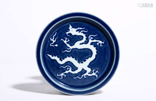 BLUE GLAZED AN-CARVED DRAGON PATTERN PLATE