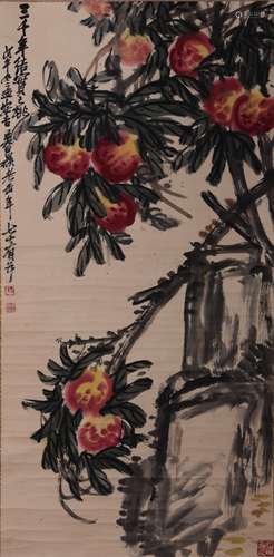 CHINESE LONG LIFE PEACH PAINTING WU CHANGSHUO MARK