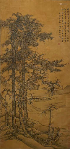 TWO PINETREE PAINTING PAPER SCROLL LI CHENG MARK