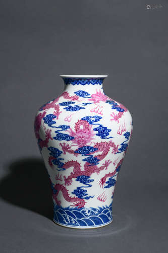 BLUE AND WHITE IRON-RED DRAGON&WAVE PATTERN MEIPING