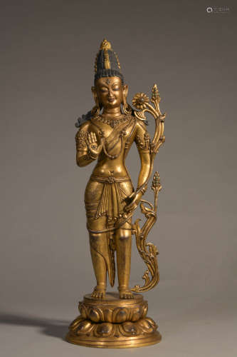 GILT-BRONZE STANDING AVALOKITESVARA WITH PADMAPANI