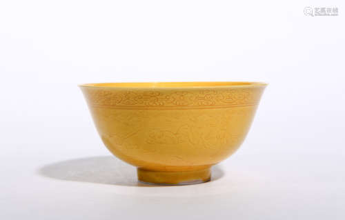 YELLOW GLAZED CHILDREN PLAY PATTERN BOWL