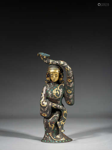 A CHINESE GOLD AND SILVER-INLAID BRONZE DANCER,WARRING STATE...