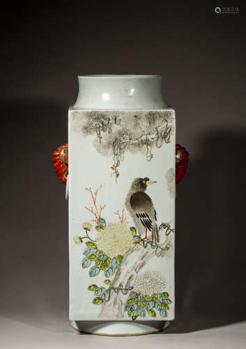 A CHINESE LIGHT-REDDISH-PURPLE FLOWER AND BIRD PORCELAIN VAS...