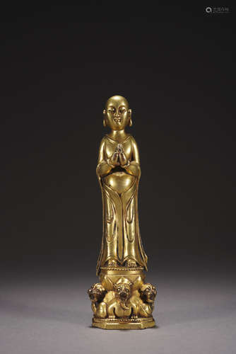 A CHINESE GILT-BRONZE FIGURE OF LUOHAN,QING DYNASTY