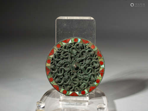 A CHINESE GOLD AND SILVER-INLAID BRONZE MIRROR,WARRING STATE...