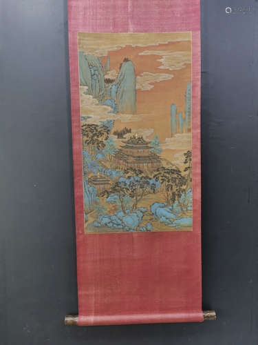 A CHINESE SILK PAINTING,LI SIXUN,TANG DYNASTY