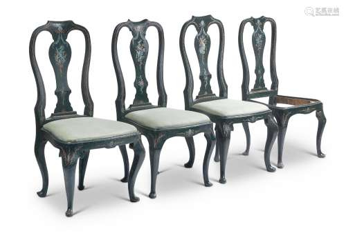 A SET OF SIX GREEN AND POLYCHROME PAINTED DINING CHAIRS, MID...