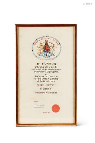 EDITH SITWELL, CERTIFICATE OF COMPANION OF LITERATURE