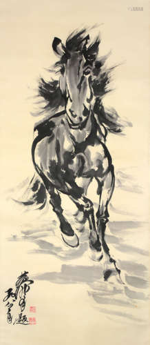 Huang Zhou, Chinese Running Horse Painting Paper Scroll