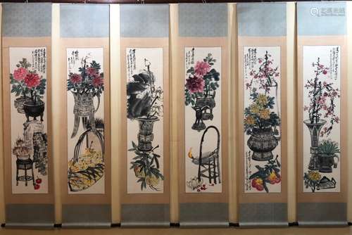 Wu Changshuo, Six Chinese Flower Painting Scrolls