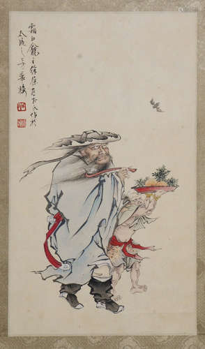 Xu Cao, Chinese Figure and Bat Paper Painting with Frame