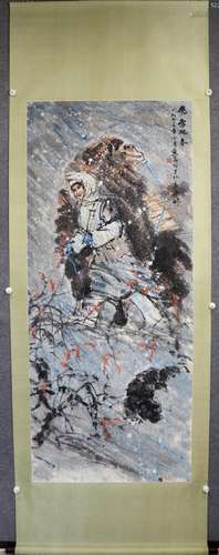 Huang Zhou, Chinese Girl In Snow Paper Painting Scroll