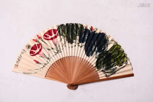 Qi Baishi, Chinese Bee and Morning Glory Paper Fan Painting