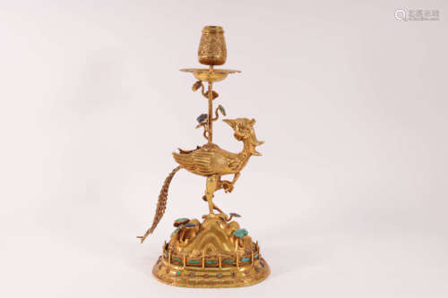 A gilt bronze inlay gem Phoenix Candlestick