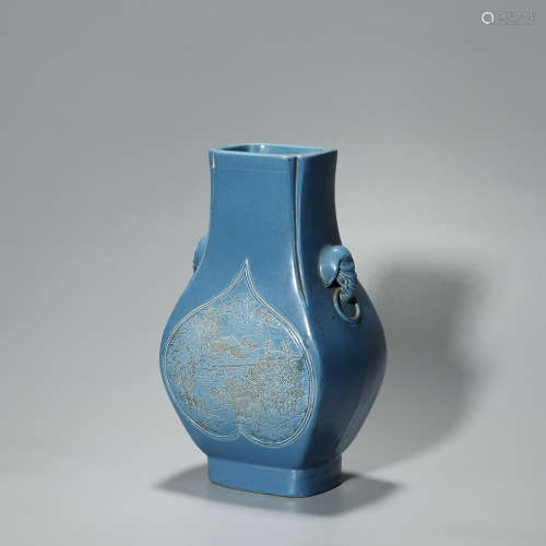 民国 蓝釉雕瓷山水象耳瓶