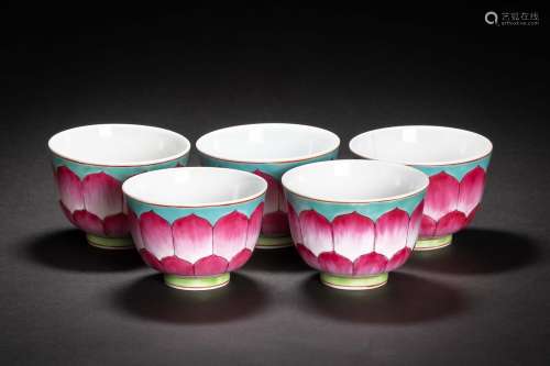 大清咸豊年製款 粉彩蓮花紋碗 煎茶碗 5件