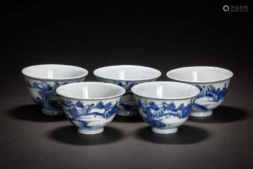 清 青花山水紋碗 煎茶碗 5件