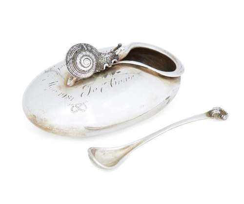 A silver snail salt cellar and spoon by Jocelyn Burton, Lond...