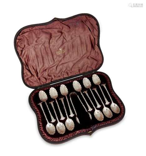 A cased set of Victorian silver teaspoons with sugar tongs, ...