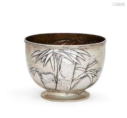 A Chinese bamboo design bowl, assumed silver, with Chinese m...