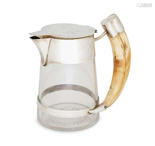 An Edwardian silver mounted glass jug with horn handle, Lond...