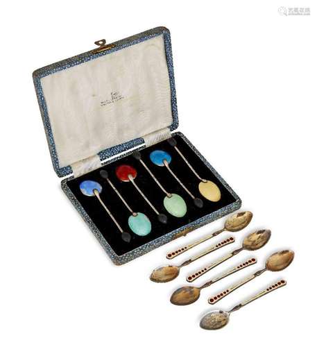 A cased set of enamelled silver coffee spoons, Birmingham, c...