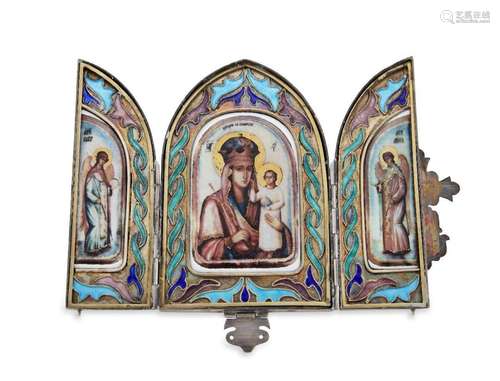 A Russian silver and enamel triptych travel icon, Moscow, 18...