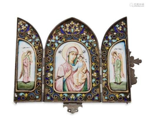 A Russian silver and enamel triptych travel icon, Moscow, 19...