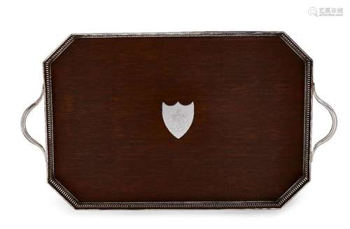 A twin-handled mahogany and silver plate tray, of rectangula...