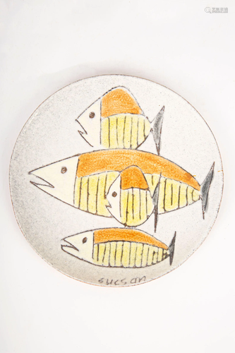 CHARLES SUCSAN, PLATE WITH FISHES, EARTH MOULDED, DATE