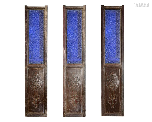 LATE QING DYNASTY CARVED STAINED WINDOW GLASS THREE