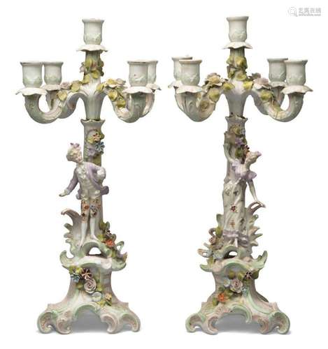 A pair of Continental Meissen-style porcelain five-light can...