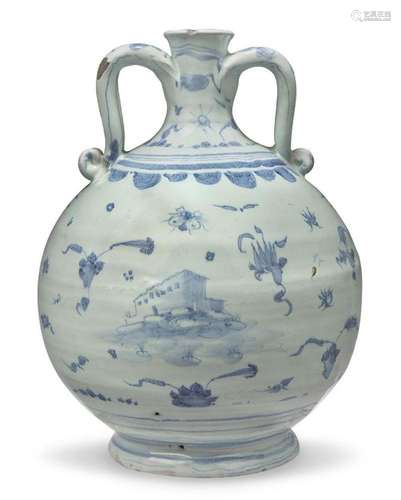 A Maiolica twin-handled bottle vase, Savona, c.1700, the bul...