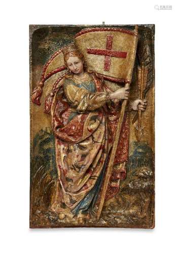 A Spanish-Flemish polychrome and gilt walnut relief panel of...