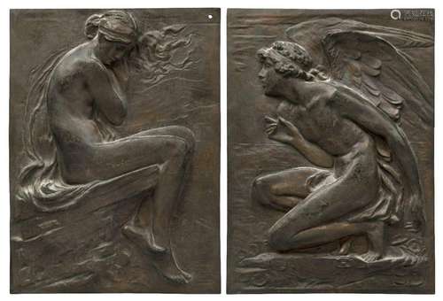 After Harry Bates, British, 1850-1899, a pair of bronze reli...