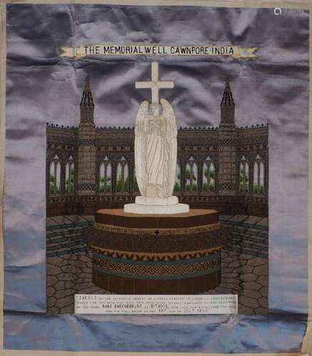 A Victorian silk work memorial depicting The Memorial Well o...