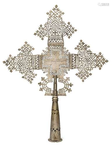 A large Ethiopian Coptic silvered bronze processional cross,...