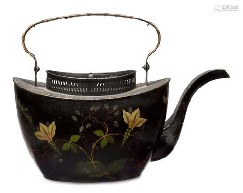 A George III black japanned tole teapot, late 18th century, ...