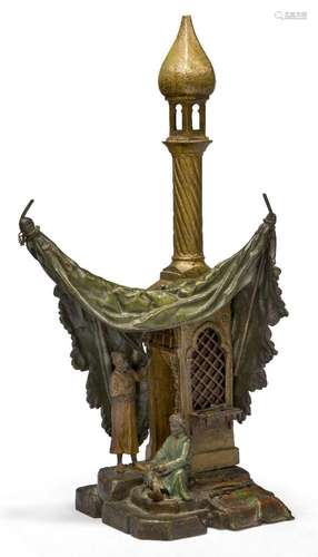 An Austrian cold-painted bronze lamp modelled as a mosque, B...