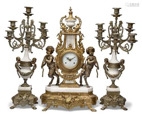 A white marble and gilt metal three piece clock garniture, e...