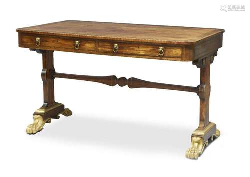 A Regency parcel-gilt burr-yew and kingwood sofa table, c.18...